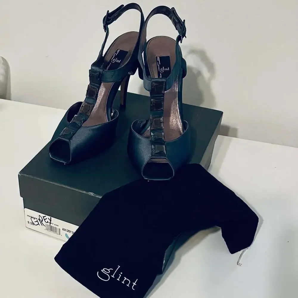 Glint‎ Madora Ash Grey Satin Jeweled T-Strap Peep Toe Heels